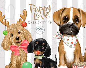 Può includere: Tre cani di cartone animato vestiti con abiti natalizi. Un cane marrone e bianco con una bandana rossa a pois bianchi, un cane marrone con un fiocco rosso e corna di renna, e un bassotto nero e marrone con un naso rosso e un collare verde.