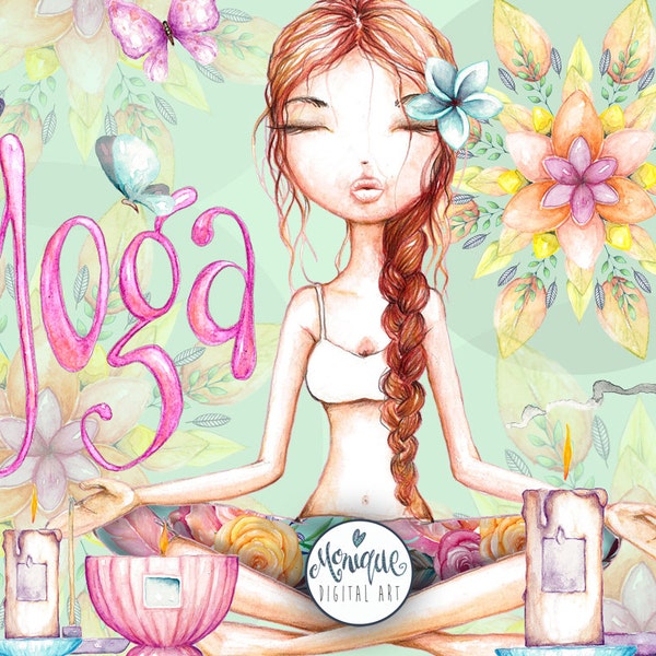 Yoga Girl Clipart, acuarela pintada a mano, logotipo, imágenes prediseñadas imprimibles, pegatinas planificadoras, chica planificadora, chica linda de yoga, imágenes prediseñadas, imágenes prediseñadas de niña