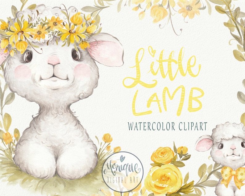 May include: Watercolor clipart featuring a cute white lamb wearing a yellow flower crown. The lamb is sitting in a field of yellow flowers. The text "Little Lamb Watercolor Clipart" is written in yellow letters below the lamb.