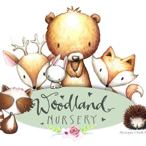 Woodland pépinière animaux clipart, autocollants planificateur, planificateur fille, aquarelle, peint à la main, ours, cerf, renard, raton laveur, lapin, hérisson