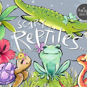 clipart de reptiles, clipart de grenouille, clipart de serpent, clipart de crocodile, alligator, tortue, tortue, reptiles excentriques, reptiles mignons, dessiné à la main