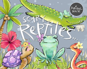 reptiles clipart, frog clipart, snake clipart, crocodile clipart, alligator, turtle, tortoise, quirky reptiles, cute reptiles, hand drawn