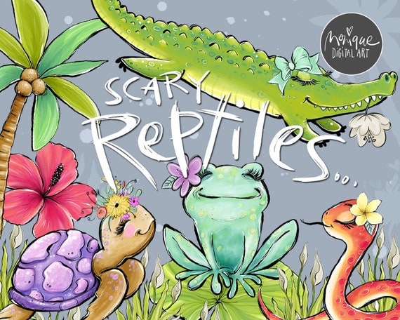 reptiles clipart, frog clipart, snake clipart, crocodile clipart, alligator, turtle, tortoise, quirky reptiles, cute reptiles, hand drawn