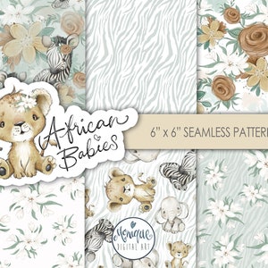 Animales africanos, Patrón sin costuras, papel, León, Elefante, cebra, Animales bebés, Animales de guardería, Baby shower, caprichoso, Animales bebés de África