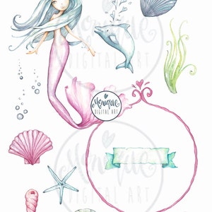 Mermaid Clipart,Mermaid invitation,hand painted watercolor, dolphin, shells, printable, planner stickers, planner girl, cute mermaid,clipart image 2