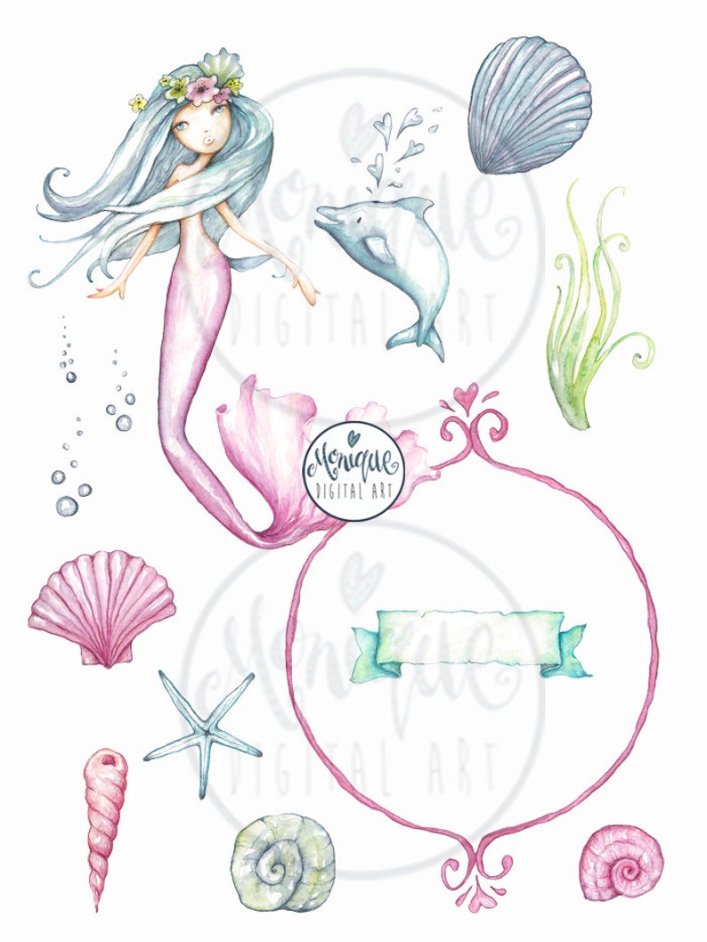 Mermaid Clipart,Mermaid invitation,hand painted watercolor, dolphin, shells, printable, planner stickers, planner girl, cute mermaid,clipart image 2