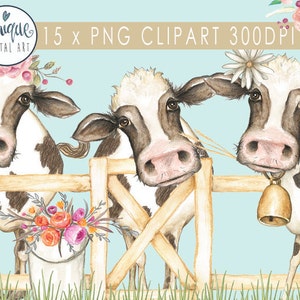 クリップアート、牛のクリップアート、かわいい牛、かわいい農場の動物、牛の水彩画、農場の動物、花輪の王冠、プランナーページ、農場パーティーの招待状