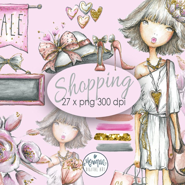 Planner Girl Clip Art, Shopping Illustration, Watercolor, shopping girl, Glam girl Graphics,Planner Stickers, Planner Girl,Digital Cliparts