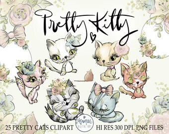 May include: A digital clipart set of 25 cute cartoon cats with floral accents. The cats are in various poses and have different expressions. The text "Pretty Kitty" is written in a decorative font at the top of the image.