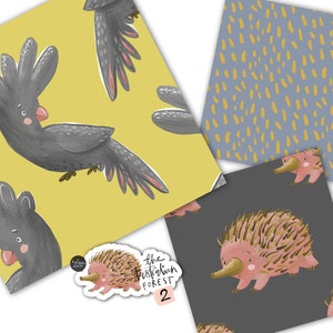 May include: A set of three digital paper patterns featuring Australian animals. The first pattern is yellow with black cockatoos, the second is gray with yellow dots, and the third is gray with pink echidnas.