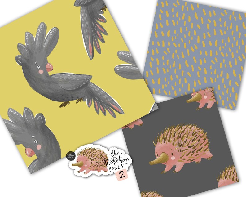 May include: A set of three digital paper patterns featuring Australian animals. The first pattern is yellow with black cockatoos, the second is gray with yellow dots, and the third is gray with pink echidnas.