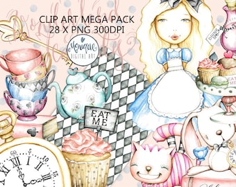 Tea Party Clipart,Alice in Wonderland Clipart,Illustration,Watercolor,Tea Party Invitation,Hand Drawn,Graphics,Planner Stickers,Planner Girl