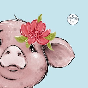 May include: A close-up of a pink pig with a red flower on its head. The pig has a sweet expression and is looking to the right. The background is a light blue.