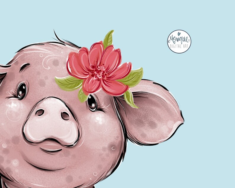 May include: A close-up of a pink pig with a red flower on its head. The pig has a sweet expression and is looking to the right. The background is a light blue.
