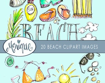 Strand Sommer Clipart, Aufkleber Clipart, Aquarell, Planer Aufkleber, Planer Mädchen, Bikini, Sonne, Strandtuch, Blume, Muscheln, Palme, Sonnenbrille