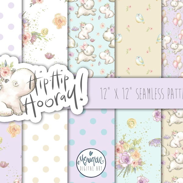 Hippo digital paper, seamless pattern, Cute Hippo paper, Mother and baby, hippo fabric, hand painted, floral, planner stickers, whimsical