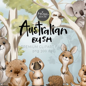Australische Tiere Clipart, Känguru, Koala, Kookaburra, Echidna, Quokka, Wombat, Schnabeltier, Gummibaum, Eukalyptusbaum, Lehrer Grafik