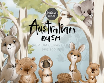 Puede incluir: Un conjunto de lindos animales australianos de dibujos animados, que incluyen un koala, un canguro, un equidna, un wombat, un ornitorrinco y un kookaburra. Los animales están todos en un entorno de bosque con árboles y hojas. El texto "Australian Bush" está escrito en una fuente caprichosa sobre los animales. El texto "Premium Clipart Files png 300 dpi" está escrito debajo de los animales.