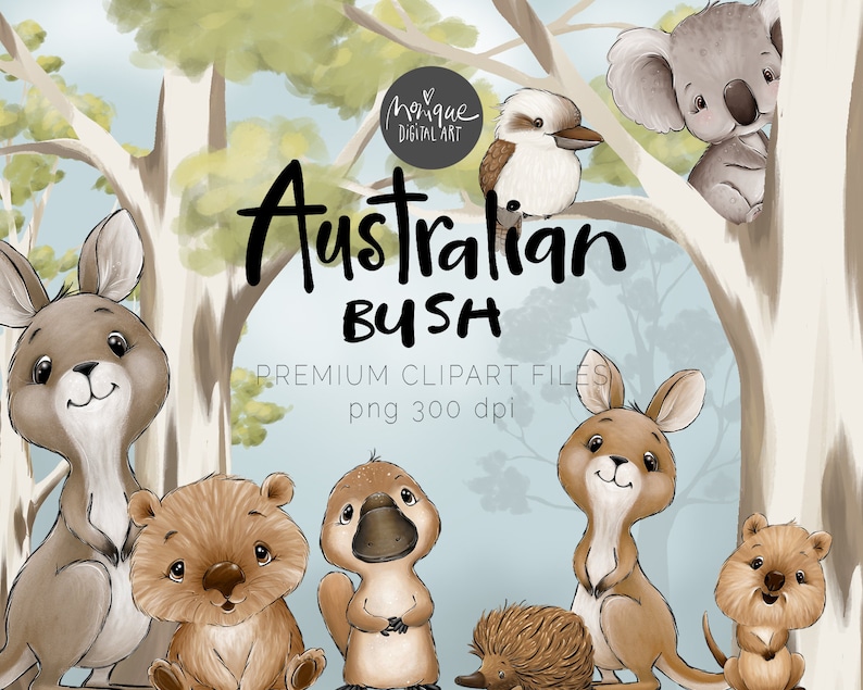 Puede incluir: Un conjunto de lindos animales australianos de dibujos animados, que incluyen un koala, un canguro, un equidna, un wombat, un ornitorrinco y un kookaburra. Los animales est&aacute;n todos en un entorno de bosque con &aacute;rboles y hojas. El texto "Australian Bush" est&aacute; escrito en una fuente caprichosa sobre los animales. El texto "Premium Clipart Files png 300 dpi" est&aacute; escrito debajo de los animales.