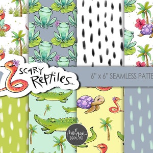 May include: A set of 6 digital seamless patterns featuring cute cartoon reptiles in a tropical theme. The patterns include a snake, frog, turtle, and alligator. The patterns are 6 inches by 6 inches and are perfect for crafting, scrapbooking, and other creative projects.
