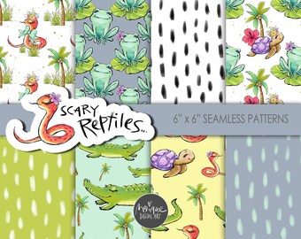 reptiles digital paper, seamless pattern, reptile patterns, planner animals, frog pattern, snake pattern, crocodile pattern, turtle cute