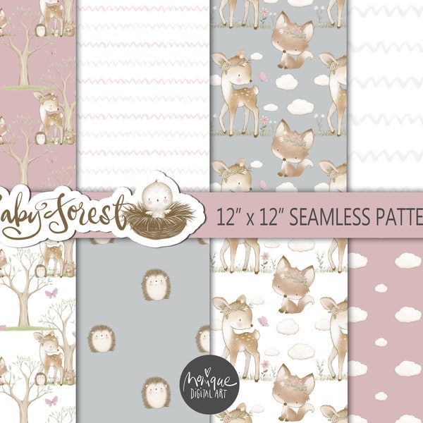 woodland digital paper, woodland digital fabric art, woodland seamless pattern, Monique, fabric art, nursery fabric, lindo woodland fabric