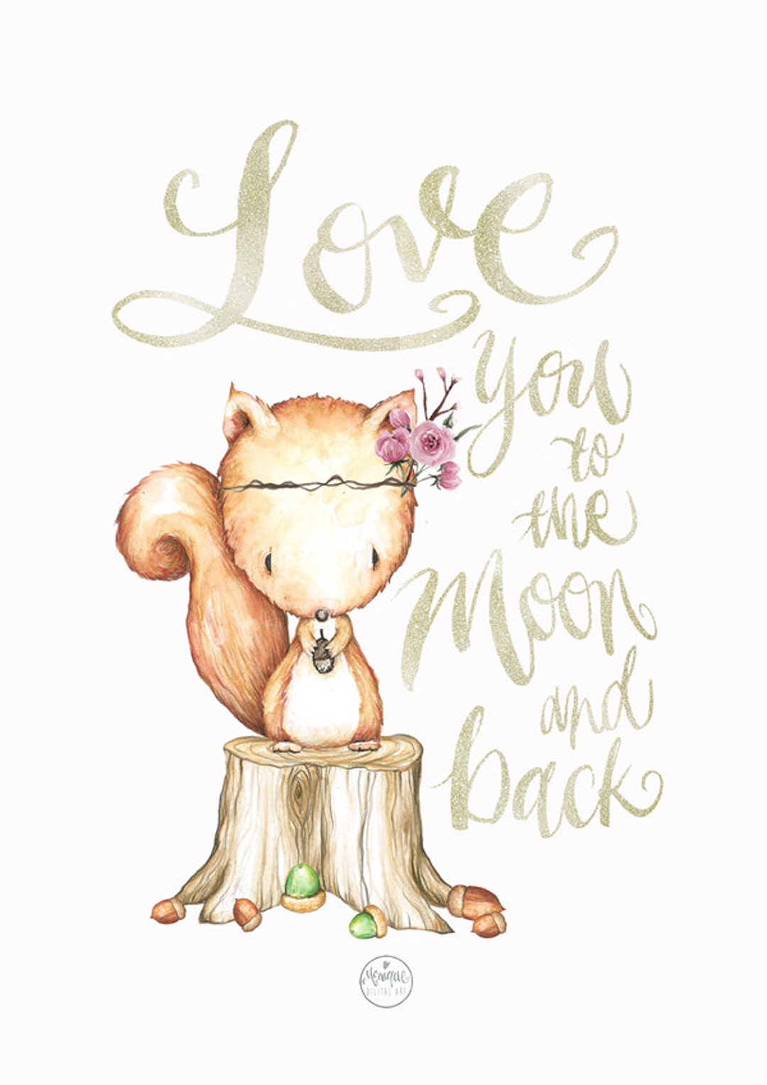 Nursery Cute Squirrel Print Watercolor Love You to the Moon - Etsy