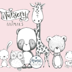Animais de berçário da floresta, preto e branco, animais de berçário fofos, girafa, urso, panda, coelho, adesivos de planejador, garota planejadora, bordado Clipart