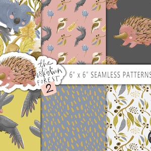 Animaux australiens papier numérique, sans couture, motif de surface, cacatoès, kookaburra, wombat, échidné, opossum, fleurs, graphiques australiens