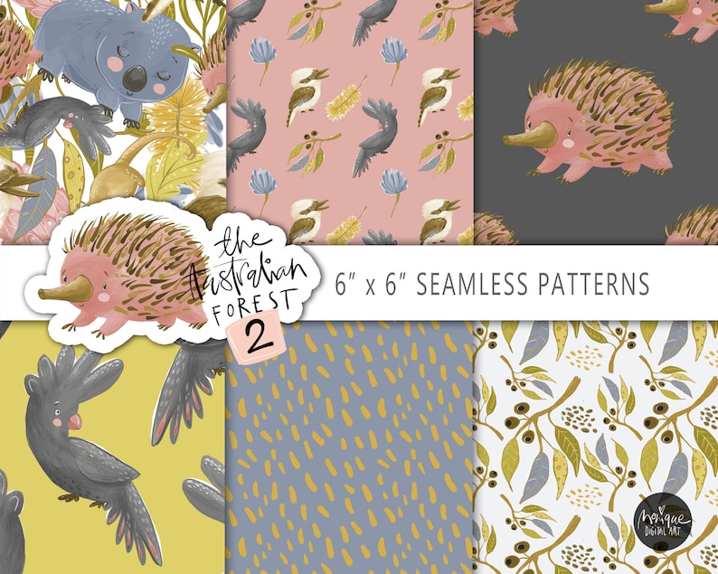 May include: Six 6-inch by 6-inch seamless patterns featuring Australian animals and flora. The patterns include a echidna, kookaburra, wattle, gum leaves, and a black cockatoo. The text "The Australian Forest 2" is also included.