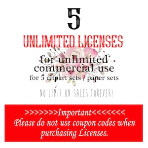 5 UNBEGRENZTE kommerzielle Lizenzen für 5 Sets Clipart / digitale Papiere.  Bitte keine Gutscheincodes. Keine Verkaufsbeschränkung.