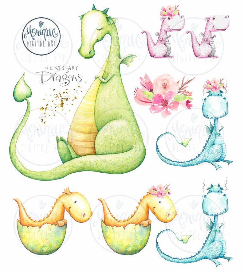 Dragons clipart, Watercolor, Boys clipart, Girls clipart, cute animals , watercolor, hand painted, floral,kids party invitation,cute dragons image 2