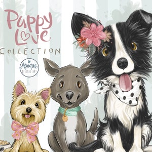 Clipart per cani, cute cute per cani, clipart per cuccioli, Border Collie, Kelpie, Silky Terrier, Bandana, papillon, ciotola per cani, collare per cani, ritratto del cane