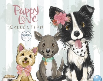 Può includere: Tre cuccioli di cartone animato con pelliccia e accessori di diversi colori. I cuccioli sono seduti su uno sfondo a strisce blu chiaro e bianco. Il testo "Puppy Love Collection" è in cima all'immagine.