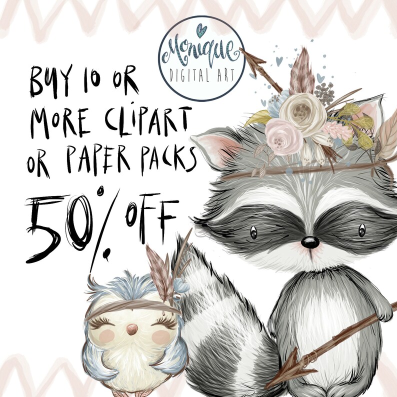 K&ouml;nnte beinhalten: Ein niedlicher Cartoon-Waschb&auml;r mit einer Blumenkrone und einem Speer. Ein kleiner Vogel mit blauem Kopf und einem Feder-Stirnband befindet sich neben dem Waschb&auml;r. Der Text "BUY 10 OR MORE CLIPART OR PAPER PACKS 50% OFF" ist in Schwarz auf wei&szlig;em Hintergrund geschrieben.