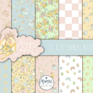 Bunny digital paper, Easter bunnies paper, bunny fabric, surface pattern, hand painted, floral, planner stickers, seamless paper, paper pack