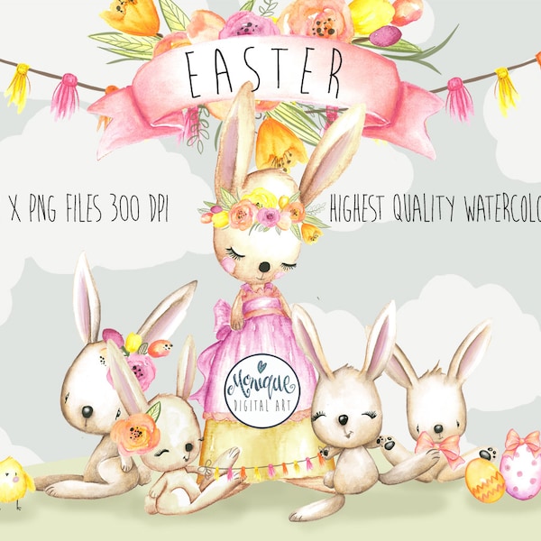 Bunny clipart watercolor,Easter bunnies,cute bunny,rabbit clipart,Clipart,Nursery Woodland art,Baby Shower,Bunny Birthday,Planner Clipart