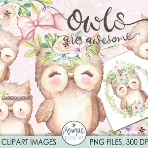 Clipart de coruja fofa, coruja da floresta, aquarela de corujas, coroa de flores de coruja, clipart de berçário, guirlanda de flores, desenhado à mão, arte planejadora, coruja dormindo