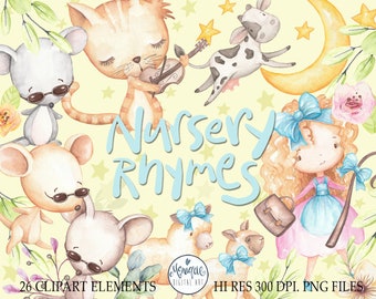 Nursery Rhyme Clipart, Watercolor, 3 Blind Mice, Little Bo Peep, Mary had a Little Lamb, Hey Diddle Diddle the Cat and the Fiddle, sheep