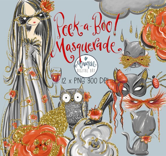 Halloween Clipart, Masquerade, Planner Clipart, Girl clipart, cat, halloween fashion, Planner Girls, Planner Stickers, red black clipart