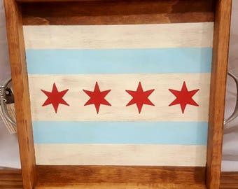 Plateau de service en bois drapeau de Chicago, plateau ottoman, décor de service rustique de ferme, Ville de Chicago, Illinois, Décor Windy City, Cadeaux midwest