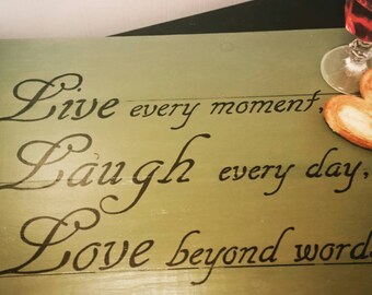 Serving tray, Repurposed handpainted wood tray, Rustic olive green Live Laugh Love tray, Home decor, Coffee table accent, Spa, Wedding gift