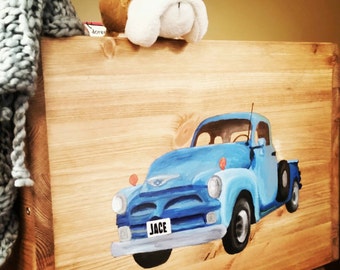 Personalized boy's truck, Hand painted blue truck box, Book box with customized license plate, New baby gift, Gift for little boys room, Box