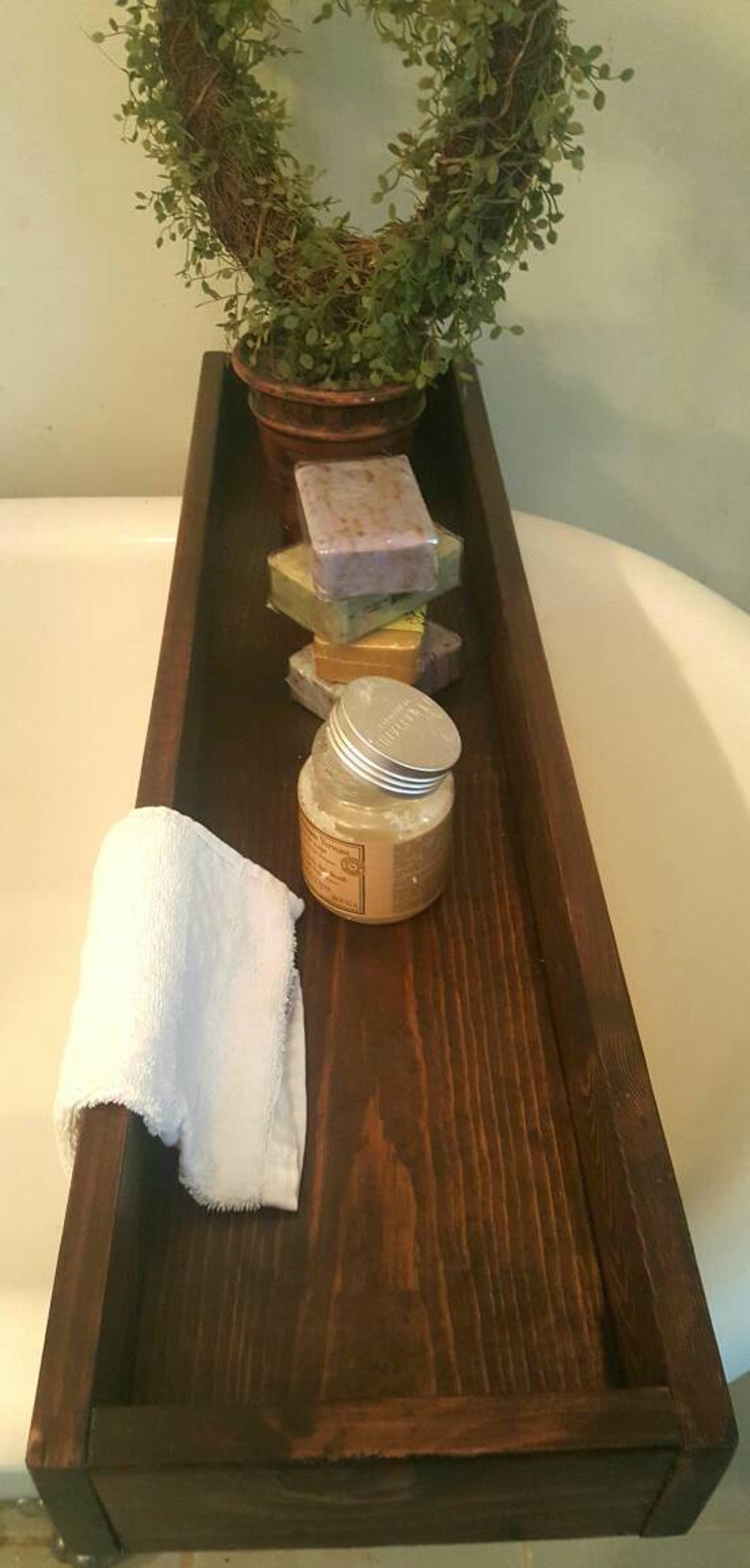 Bath tub caddy, Rustic wood bathtub tray, Wooden bath shelf, Clawfoot tub box, Bathroom storage, Tub tray, Spa bathroom, Bath organization image 1