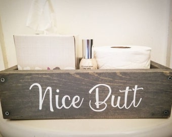 Nice butt box, Farmhouse bathroom decor, Back of toilet storage, Bathroom potty humor, Bath organization, Toilet paper holder, Facial tissue