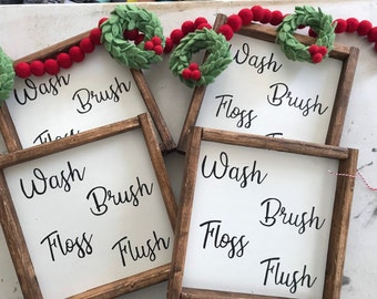 Wash, Brush, Floss, Flush Rustic farmhouse bathroom sign, Rustic framed sign, Brush your teeth, Flush the toilet, Wash your hands, Kids bath