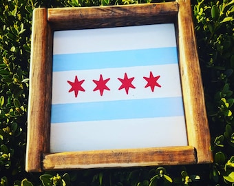 Drapeau en bois encadré de Chicago, Enseigne du drapeau de la ferme rustique de Chicago, Windy City, Peint à la main, Enseigne d’étagère, Cadeaux 312 - 773, Motif d’étoile du drapeau de Chicago