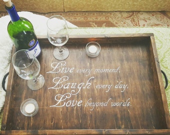 Large wooden ottoman tray, Live Laugh Love quote, Wooden serving tray with metal handles, Rustic tray, Coffee table tray, Serving tray, Tray