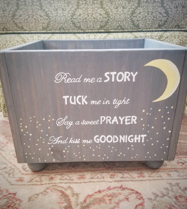 Book box, Wooden book bin,Gray nursery decor, Book Shower box, Good night moon, Keepsake toy box, Hand painted kids furniture, Storage box 