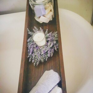 Bath tub caddy, Rustic wood bathtub tray, Wooden bath shelf, Clawfoot tub box, Bathroom storage, Tub tray, Spa bathroom, Bath organization image 4